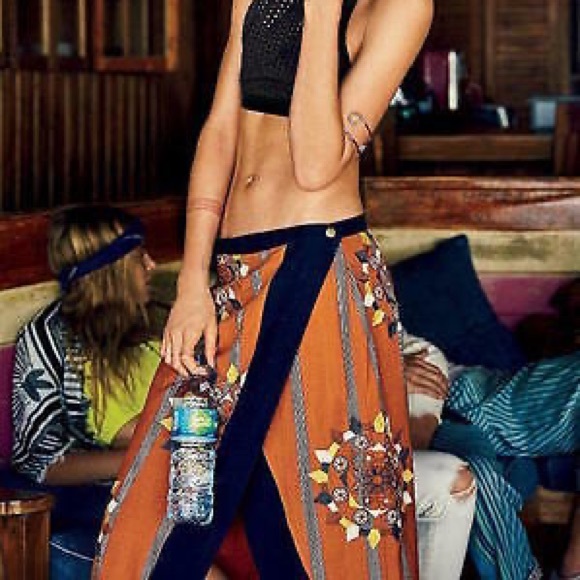 FREE PEOPLE SONGBIRD ASYMMETRICAL WRAP MIDI EMBROIDERED SKIRT RUST - NWOT - Picture 4 of 7